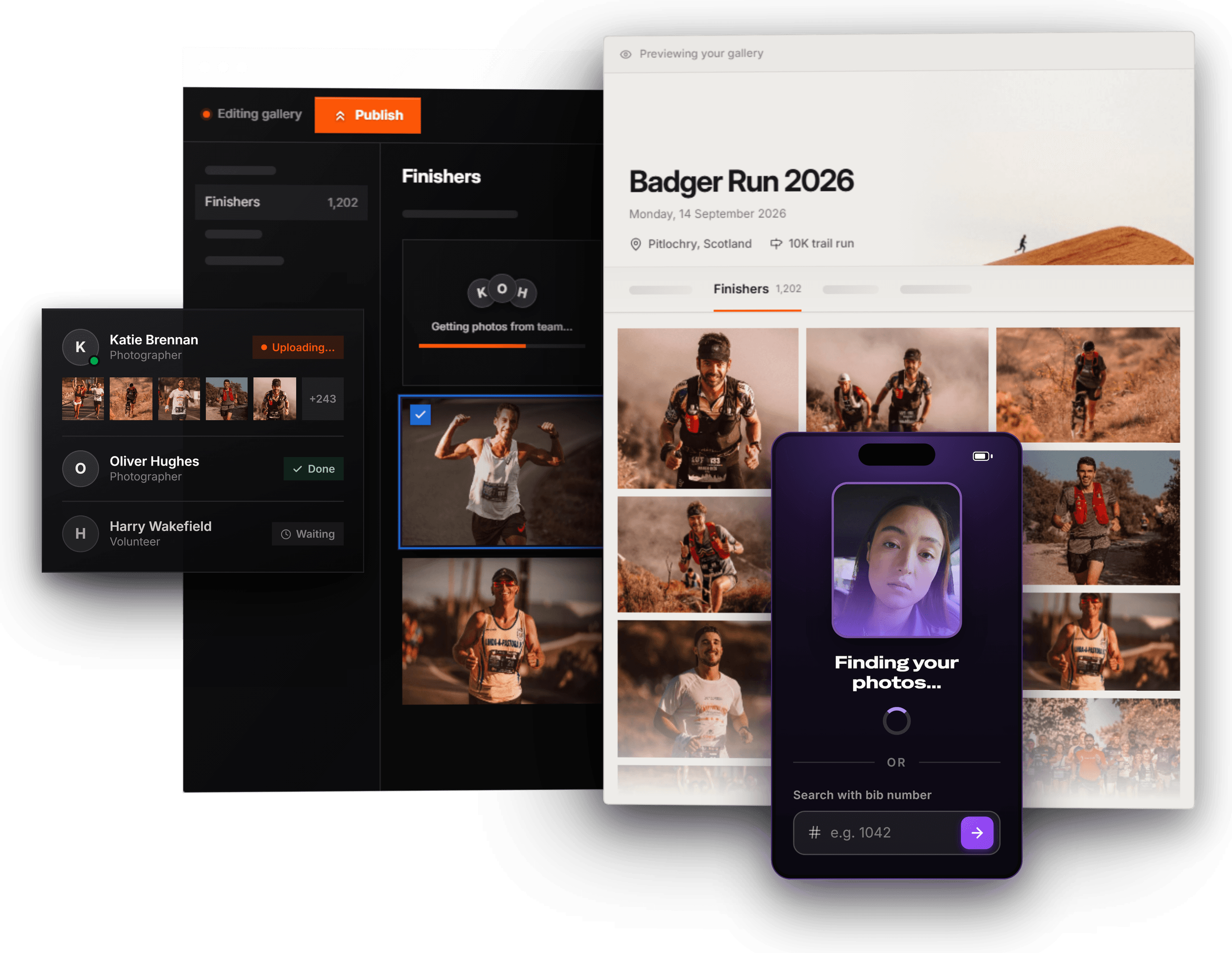 The Shotpot gallery editor, a published race gallery, and face-search on mobile.